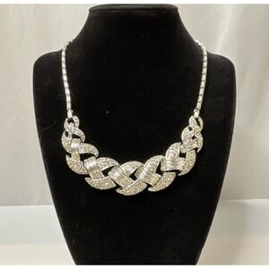 Vintage Corocraft Rhinestone Necklace Baguette Rhodium Silver Bridal 1950s 16"